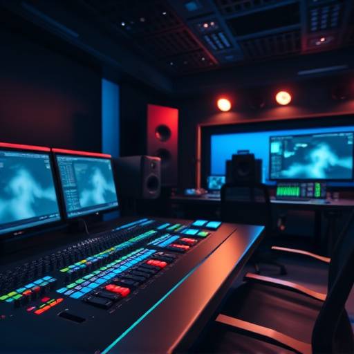 A close-up of Studio B's control room, showcasing a modern digital console and monitors.