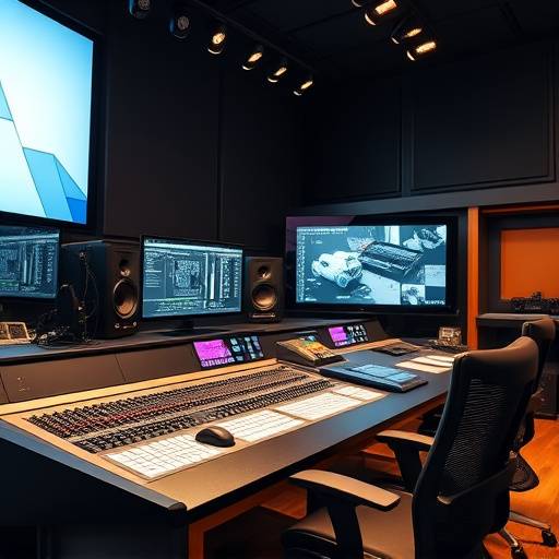 A detailed view of Studio B's control room, highlighting the modern digital console, nearfield monitors, and the focused environment ideal for mixing and mastering.