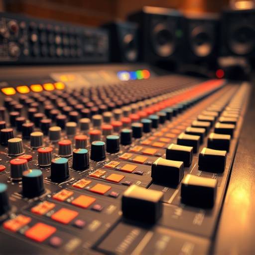 A partial view of a large format mixing console with faders, EQ knobs, and routing switches, used by Harmonic Resonance's engineers for meticulous sound sculpting.