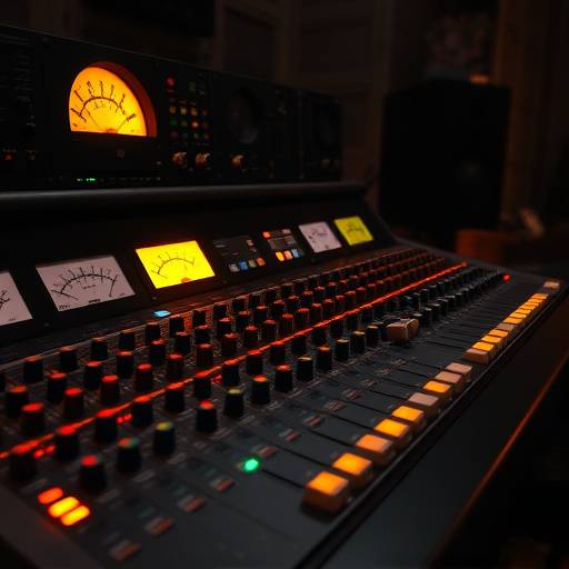 A professional recording studio console with various knobs and meters.