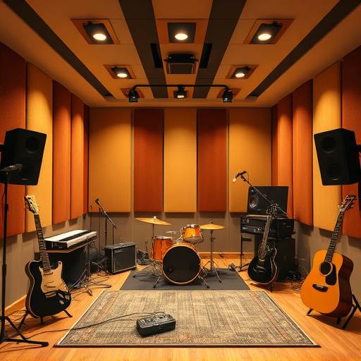 A spacious live room with various instruments and soundproofing panels, perfect for recording live bands.