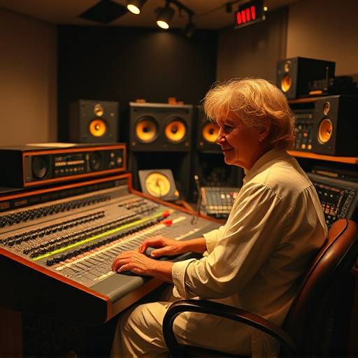 Dr. Evelyn Reed working at a vintage Neve recording console.