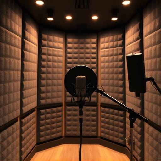 Inside the vocal booth, featuring a microphone and acoustic panels for optimal vocal recording.