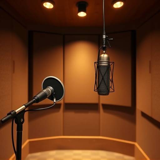 Interior of Studio C's vocal booth, showcasing a Neumann U87 microphone, acoustic treatment, and a comfortable setting for vocal recording.