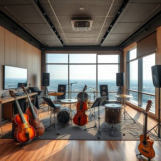 Panoramic view of Studio E's expansive live room, featuring various instruments, soundproofing panels, and natural light, creating an inspiring space for musicians.
